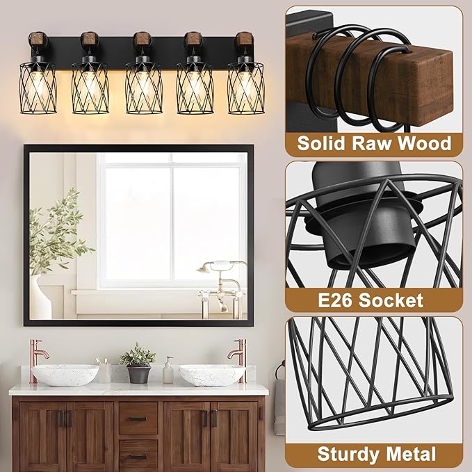 IZORRO Farmhouse Bathroom Vanity Light, 5-Light Wood Bathroom Light Fixtures Over Mirror, Black Industrial Vanity Lights with Metal Shade, Rustic Restroom Lighting Fixtures