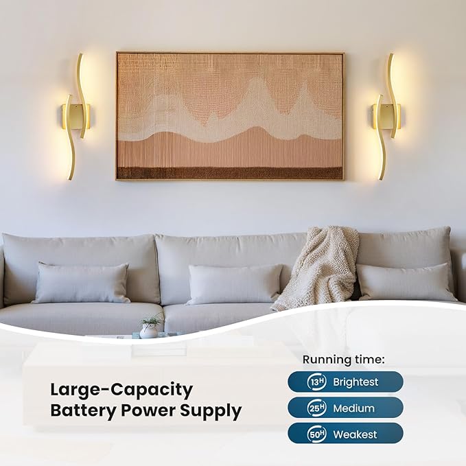 WOSHITU Gold Battery Operated Wall Sconces: 23.6 Inch Rechargeable Wall Sconce Set of 2 with Remote Control 3CCT Dimmable Wall Light Modern Cordless Wall Lamp for Bedroom Living Room Hallway Bathroom