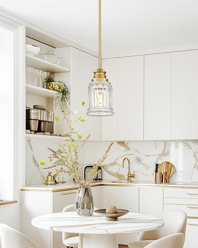 Brushed Gold Pendant Lights Kitchen Island 2 Pack, HWH 6 Inch Hanging Lights Fixtures with Bell-Shaped Fluted Clear Glass, Modern Kitchen Island Lighting, 5HZG106MIL-2L BG