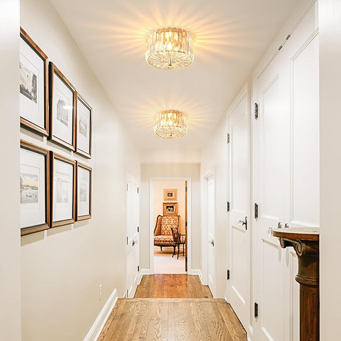 8.89" Small Crystal Ceiling Light, Modern Semi Flush Mount Ceiling Lighting Fixture, Gold Crystal Mini Chandelier for Hallway, Kitchen Entryway Laundry Room, 2-Light, XDD007-1-G