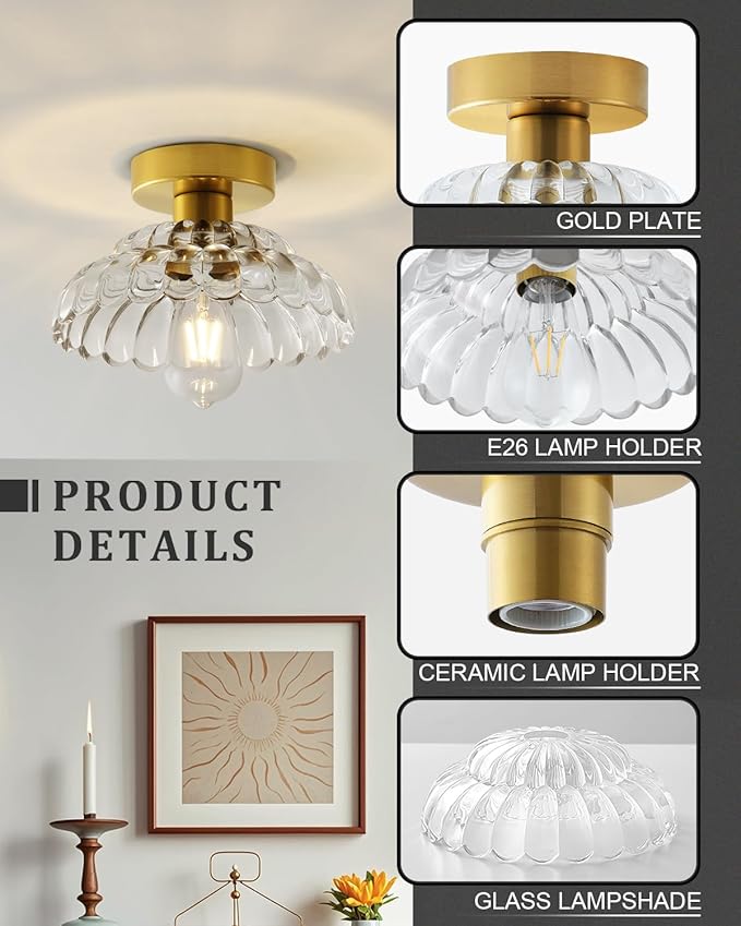 ANYLOVE 10 Inch Clear Glass Vintage Glass Semi Flush Mount Ceiling Light, E26 Socket for Bedroom Kitchen Hallway Foyer