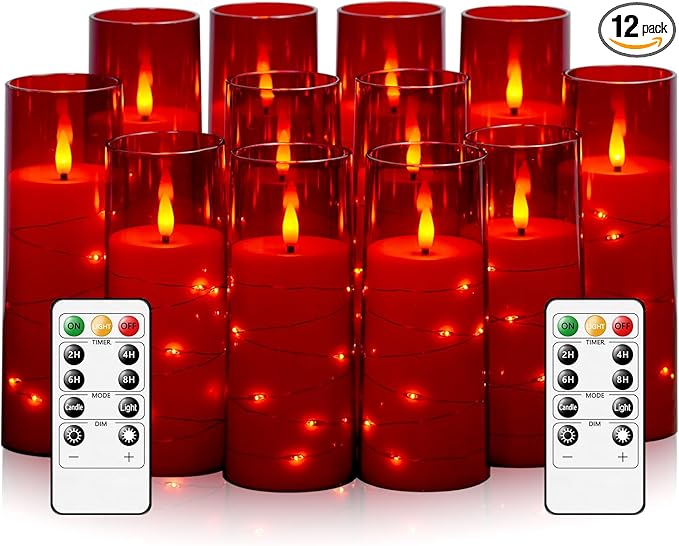 Sasigeiaa Flameless Candles with Embedded Star String - Battery Operated LED Candles, with Remote,12 Red Flickering Candles for Christmas, Weddings, Home Decor & Party,(D 2.3"×H 5" 6" 7")
