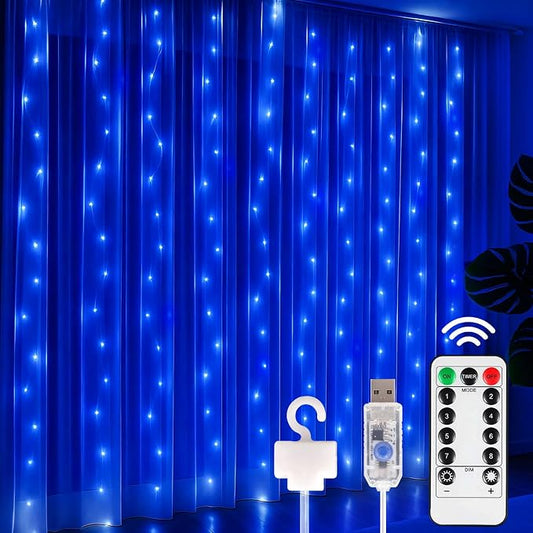 DomeStar 300 LED Fairy Curtain Lights, 9.8ft x 9.8ft Waterproof String Hanging Lights with 8 Modes Remote, Plug‑in Design for Bedroom Patio Garden Party Wedding Wall Ambient Decor (Blue)