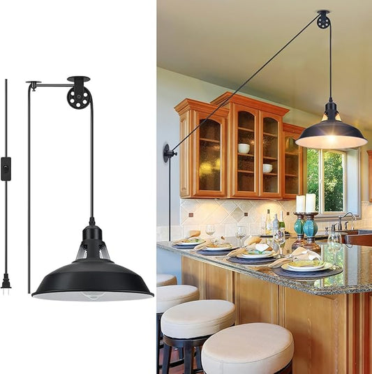 Plug in Pulley Pendant Light with 14.76ft Cord On/Off Switch, Industrial Barn Black Hanging Lights with Plug in Cord, Pulley Wall Pendant Lamp for Kitchen Island, Pool Table, Bedroom, 1 Pack