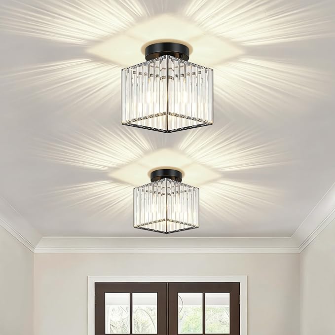 2-Pack Black Crystal Semi Flush Mount Ceiling Light 7.24" Modern Square Lighting Fixture Small Chandelier for Kitchen Hallway Entryway Dining Room Bedroom Bathroom Laundry