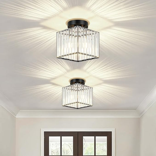 2-Pack Black Crystal Semi Flush Mount Ceiling Light 7.24" Modern Square Lighting Fixture Small Chandelier for Kitchen Hallway Entryway Dining Room Bedroom Bathroom Laundry