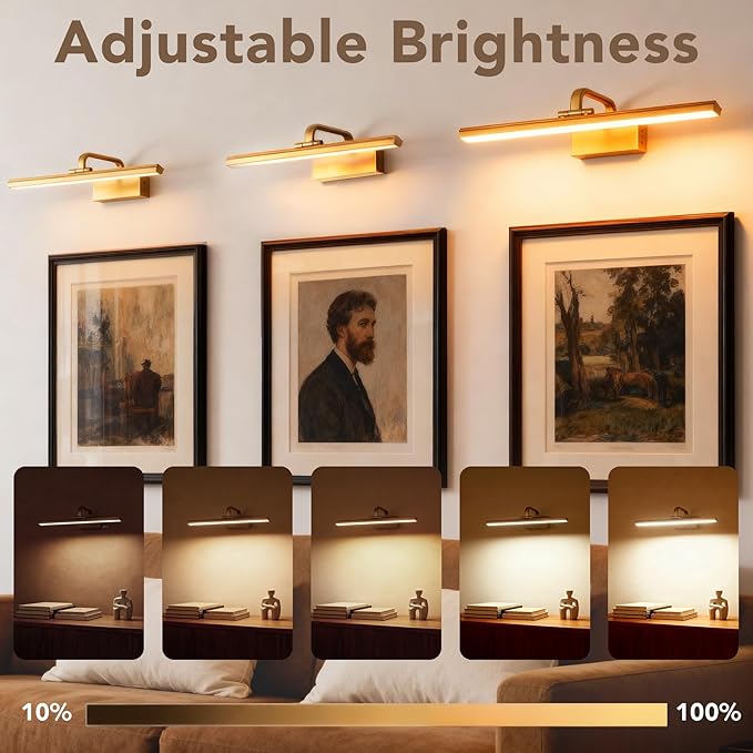 RAIFOOLLY Picture Light, 16inch Picture Lights for Wall Cordless with Timer and Dimmable, 5000mAh Battery Wall Lights for Display Gallery Painting Art Frame Portrait-Brass