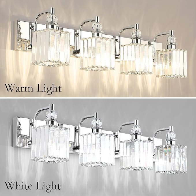 Ralbay Modern Crystal Vanity Light for Bathroom 4 Light 31.5''Chrome Bathroom Wall Lighting Fixtures Over Mirror