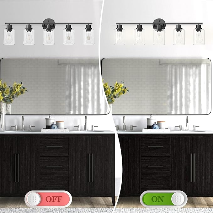 5-Light Black Bathroom Vanity Lights, E26 Modern Bathroom Light Fixtures with Clear Glass Shade, Mirror Kitchen Hallway Cabinet Living Room Sconces Wall Lights