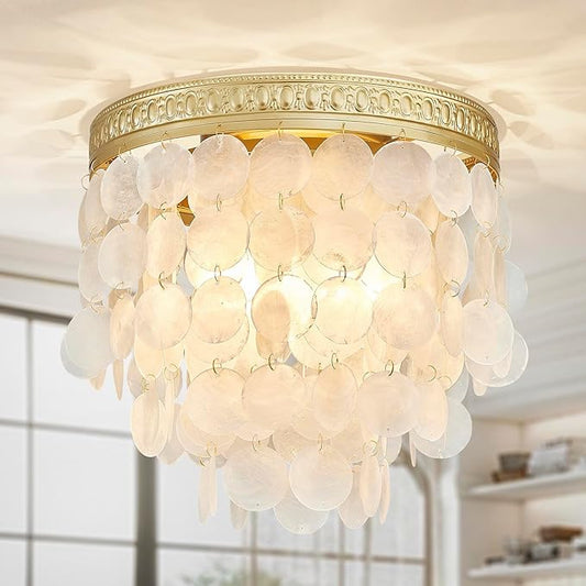 Modern Capiz Shell Ceiling Light, Costal Design, Close to Ceiling Light Fixture for Dining Room, Living Room, Bedroom, Hallway, Foyer, Gold Finish Frame, 3*E12 Socket, D12.6*H12.6 inches