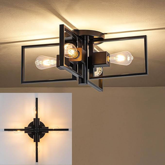 Industrial Ceiling Light Black 4 Light Semi Flush Mount Lights Wood Sputnik Light Fixture 24" Farmhouse Ceiling Light for Kitchen Bedroom Bathroom Foyer Hallway(E26
