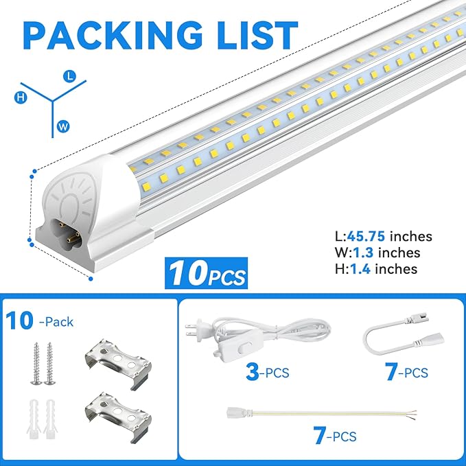 CNSUNWAY Led Shop Lights, 4FT LED Light 50W 7500LM 6500K Daylight White, D Shape Garage Light, Linkable Clear Cover T8 Integrated for Garage Workshop Workbench, ETL Listed(10-Pack)