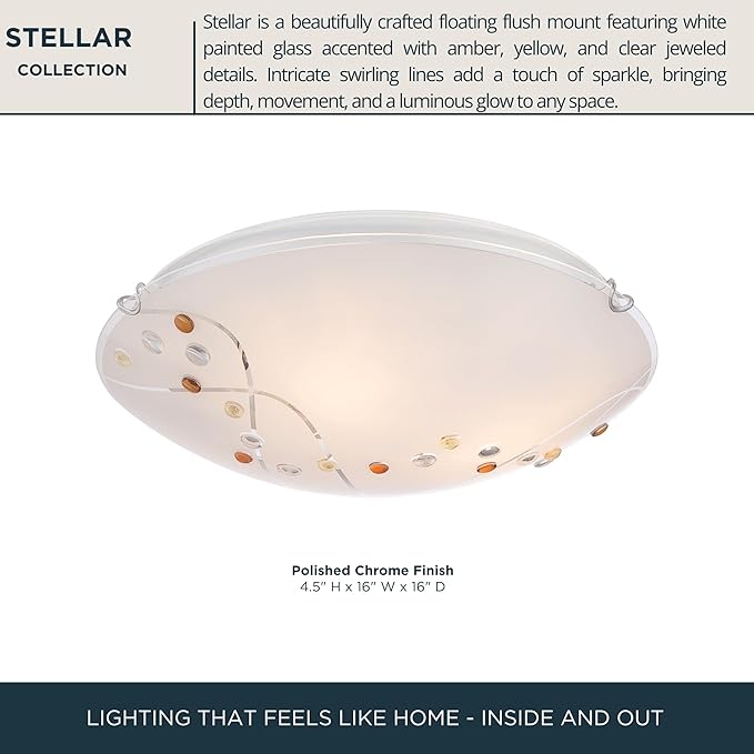Quoizel Stellar 16" 3-Light Round Flush Mount, Polished Chrome, Frosted Glass with Amber & Clear Jewels, Dimmable