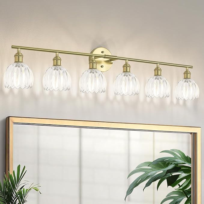 Vintage Bathroom Light Fixtures,6-Light Hardwired Vanity Lights with Clear Tulip Glass Shade,Gold Bathroom Vanity Light for Mirror Restroom,E26 Socket,40.55 in(Bulbs Not Included)