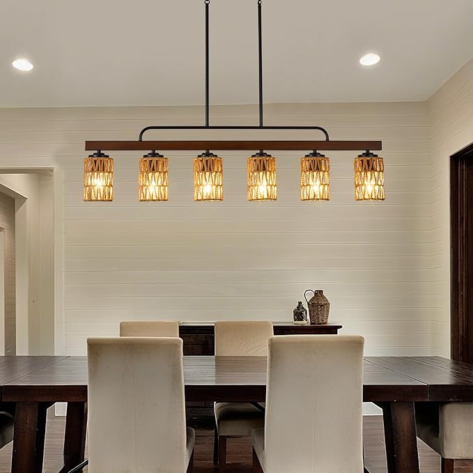 Farmhouse Dining Room Light Fixtures, 43" Rattan 6-Light Wood Kitchen Island Lights Fixture Boho Linear Chandelier Black Hanging Pendant Lighting Over Table