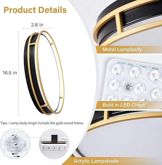 Pevfah Modern Flush Mount Ceiling Light, 5CCT 2700 K-6000 K Dimmable Black and Gold Ceiling Lighting Fixture, Minimalist Round LED Ceiling Lamp for Kitchen, Bedroom, Hallway, Living Room-16.5 Inch