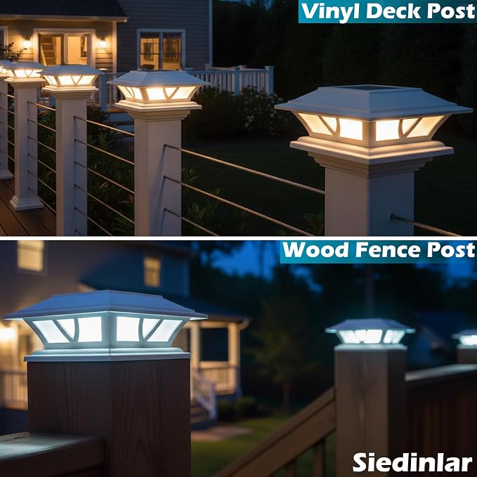 SIEDiNLAR Solar Post Lights Outdoor 2 Modes LED Deck Fence Cap Light for 4x4 5x5 6x6 Posts Patio Garden Decoration Warm White/Cool White Lighting White (1 Pack)