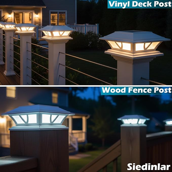 SIEDiNLAR Solar Post Lights Outdoor 2 Modes LED Fence Deck Cap Light for 4x4 5x5 6x6 Posts Garden Patio Decoration Warm White/Cool White Lighting White (2 Pack)