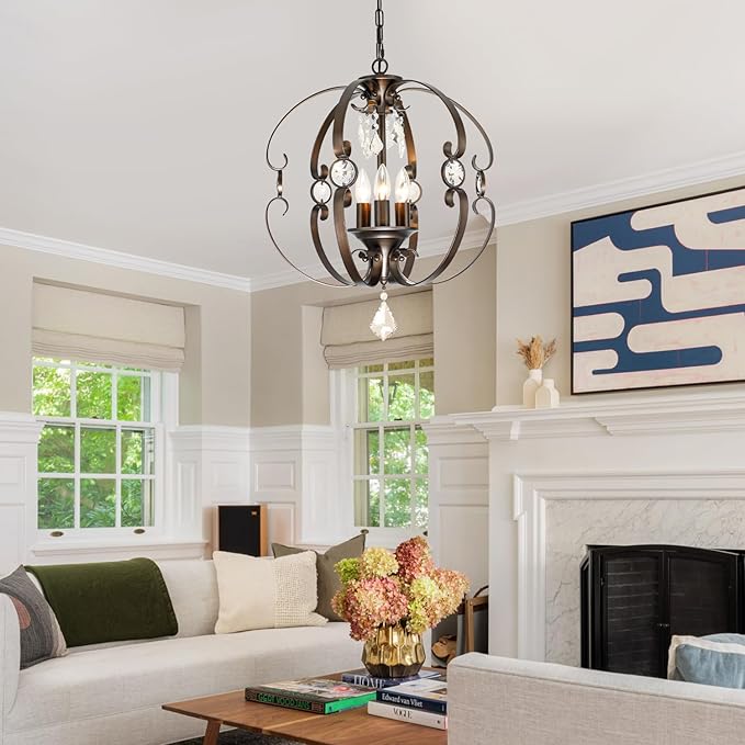 Farmhouse Crystal Chandeliers for Dining Room Light Fixture, 3-Light 18 Inch Candle Bronze Crystal Chandelier for Kitchen Island, Living Room, Foyer, Staircase, Villa
