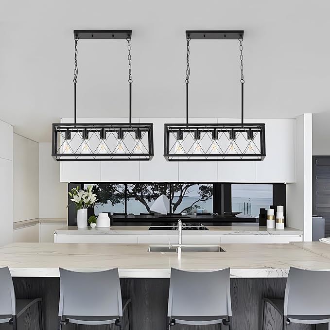 KEESFU Black Farmhouse Kitchen Island Lighting, 5 Lights Pendant Lighting Fixtures, Adjustable Height, Industrial Dining Room Light for Living Room Foyer Dining Table Over Sink.