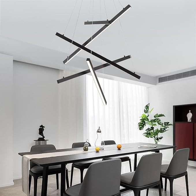 Black Led Modern Pendant Light, 5 Linear Lights led Chandelier Dimmable Hanging Pendant Lighting for Living Dinning Room Staircase Entry Foyer Restaurant