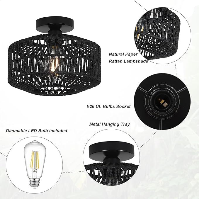 Rattan Light Fixtures Ceiling Mount,Boho Ceiling Light Fixture with Dimmable LED Bulb，Mini Hand Woven Rattan Chandelier Light Fixtures Ceiling for Bedroom Kitchen Entryway Living Room Hallway（Black）