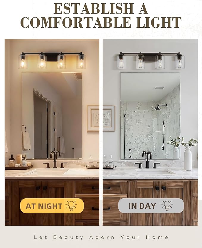 Beionxii Bathroom Vanity Lights, 4-Light Vintage Wall Sconce Light Fixtures, Oil Rubbed Bronze Finish with Clear Seeded Glass - MB9002 Series