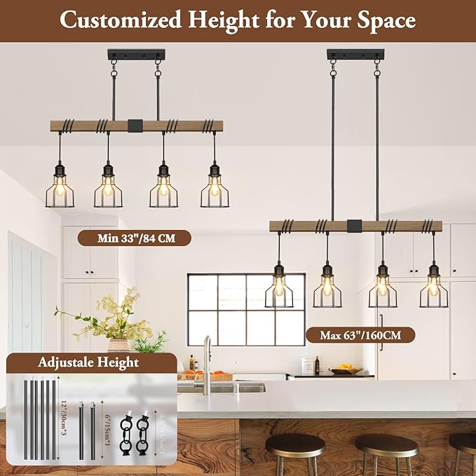 4-Light Kitchen Island Lighting, 63" Adjustable Height Pendant Light Fixtures Black Metal & Rustic Wood Modern Dining Room Chandelier Over Table with E26 Base for Farmhouse Bar