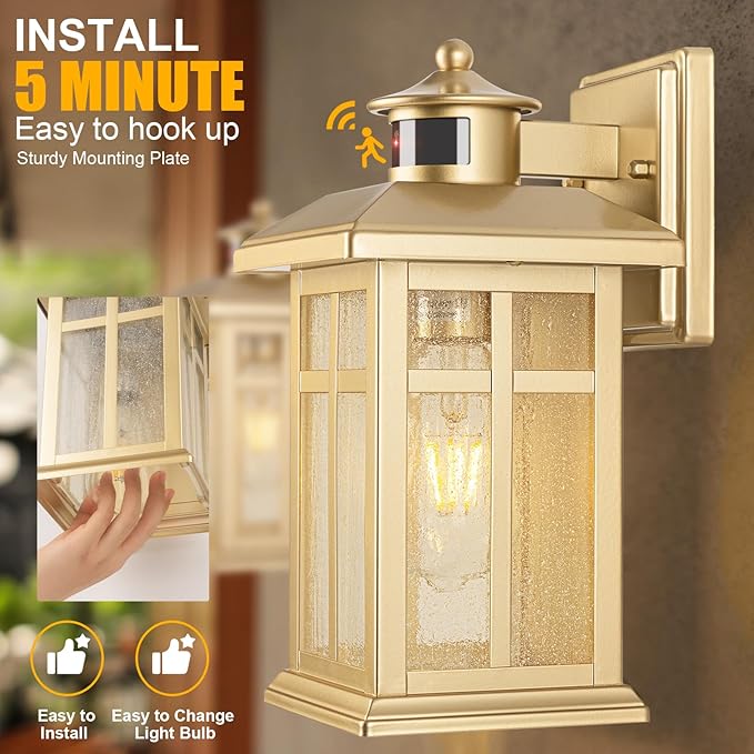 Brilvibera Outdoor Light Fixture Motion Sensor, Gold Waterproof Outside House Light, Modern Wall Lights, Outdoor Garage Light Dusk to Dawn Exterior Light Fixture for House, Garage, Garden