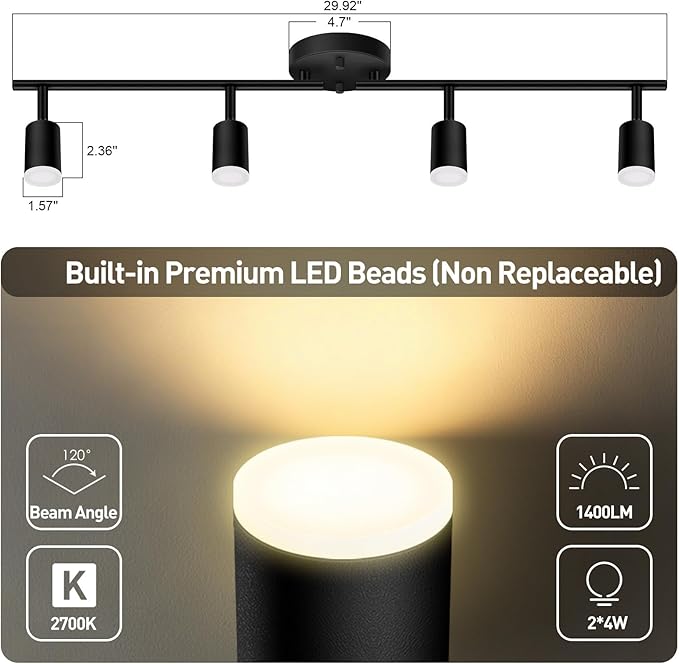 AUQUEE 4 Light Track Lighting Fixtures Ceiling, 16W/2700K Black Track Lighting with Acrylic Lampshade & Rotatable Light Heads, 20000hrs Lifespan, Modern LED Track Lights Ceiling for Kitchen/Hallyway