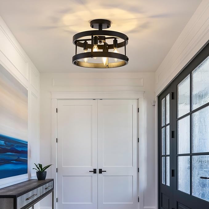 Modern Black fixtures light Close to Ceiling,Farmhouse 4-Light Semi-Flush Mount Pendant Light,Industrial Metal Ceiling Light for Kitchen Entryway Dining Laundry Room Dining Room Hallway UL-Listed