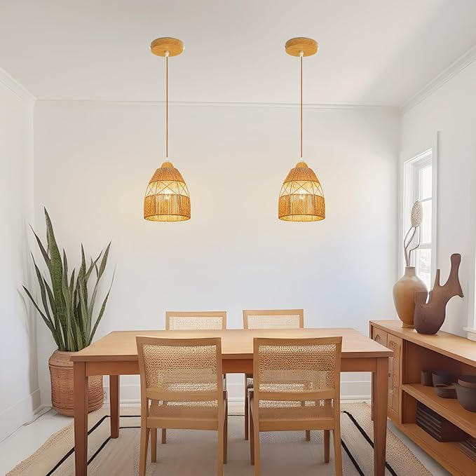 Boho Rattan Pendant Light Kitchen Island,Farmhouse Chandeliers Adjustable Height Hanging lamp for Dining Room,Kitchen Ceiling Lights Fixtures with Hand Woven Wicker Lampshade Lighting
