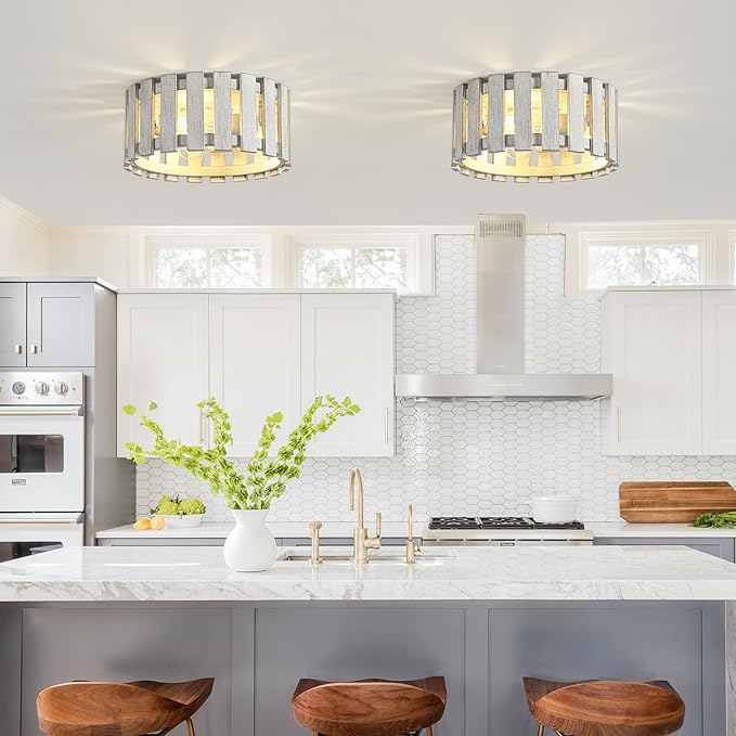 Farmhouse Flush Mount Ceiling Light, 12.2 Inch 3-Light Metal and Wood Close to Ceiling Light Fixture, White Hallway Light Fixtures Ceiling, Rustic Drum Ceiling Light for Kitchen, Entryway, Hallway