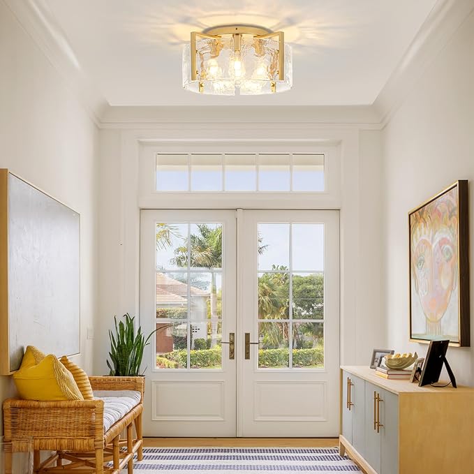 18.5'' Modern Gold Semi Flush Mount Ceiling Light, 4-Light Glass Drum Light Fixtures, Ceiling Lights for Hallway Foyer Entryway Bedroom Kitchen Island Dining Room Living Room Bathroom Lighting Fixture