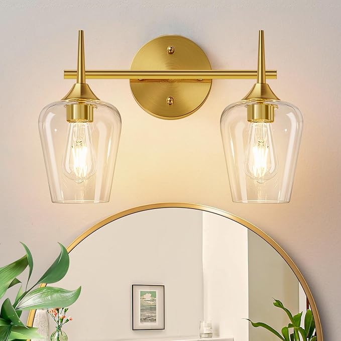 MOKATNG 2-Light Bathroom Light Fixtures, Gold Vanity Lights for Bathroom with Clear Glass, Bathroom Lighting Fixtures Over Mirror, Modern Wall lamp for Cabinet Hallway
