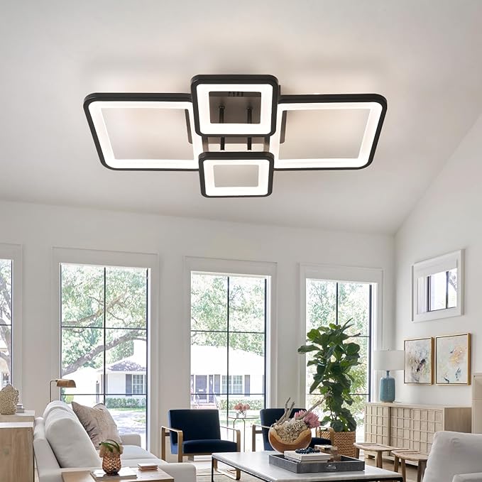 Modern Ceiling Lights 24" 42W, Dimmable Kitchen Lighting Fixtures Ceiling, 3000-6500K Light Fixture Ceiling Mount with Remote Control, Black Square LED Ceiling Light for Bedroom