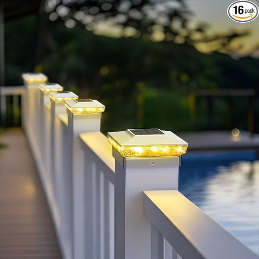 KEILAIMO Solar Post Cap Lights, 16-Pack Upgraded Outdoor Deck Fence Post Solar Lights for 4x4 5x5 Wood/Vinyl Posts, IP65 Waterproof, 10-12 Hours Warm/Cool White Glow for Garden/Patio/Porch - White