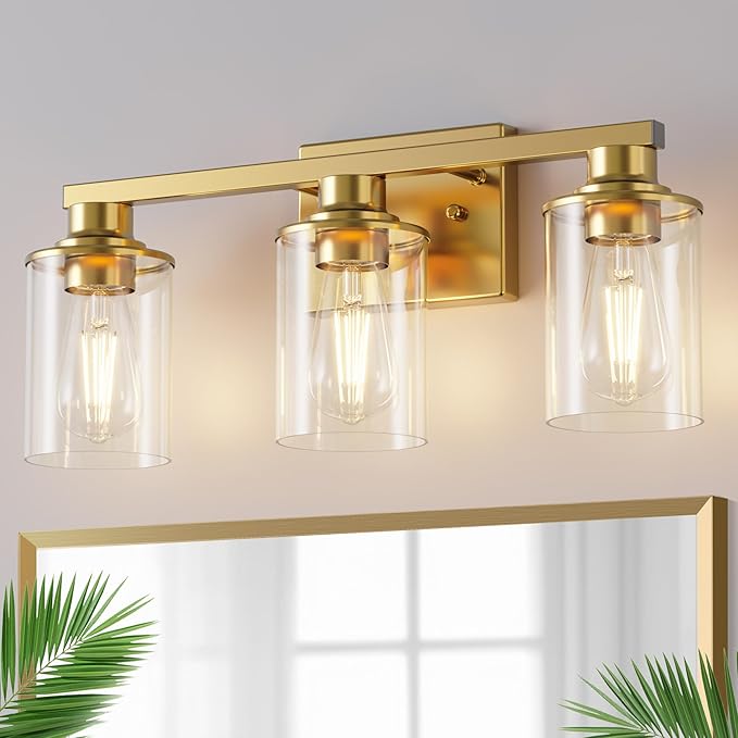 DORESshop 20 Inch Bathroom Light Fixtures, 3-Light Gold Bathroom Lighting Fixtures Over Mirror with Clear Glass Shade, Vanity Lights for Living Room Bedroom, ETL Listed