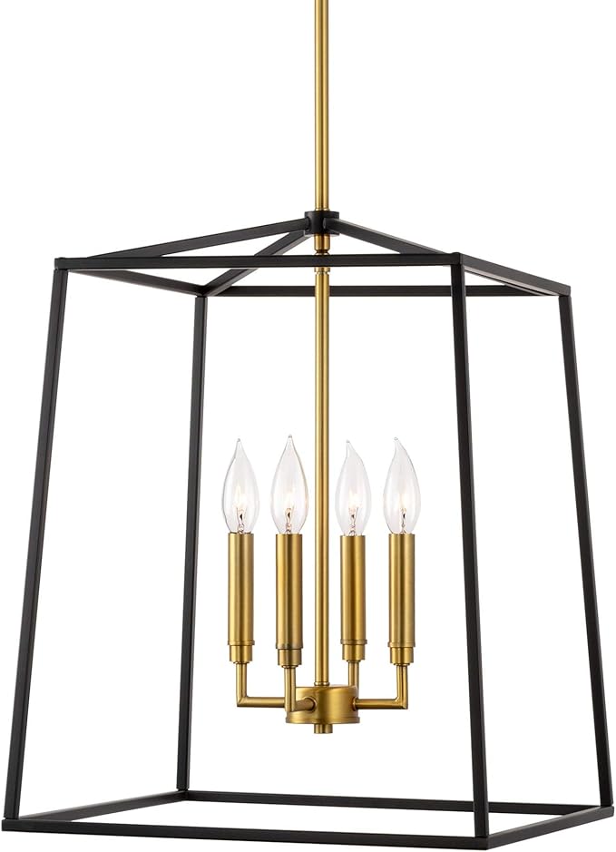 Kira Home Bellevue 18" 4-Light Modern Black Lantern Pendant Light, Large Gold and Black Geometric Metal Cage Chandelier, Warm Brass and Black Finish