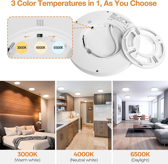 slochi 3 Pack Flush Mount Ceiling Light, 3000K-4000K-6500K Ceiling Light Fixture 7.5Inch, Ultra Thin Round White Flat led Lights for Bathroom Hallways Closet Laundry Bedroom Kitchen