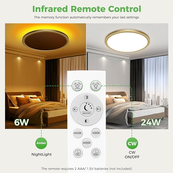 zemty 12 Inch LED Ceiling Light with Night Light 1800K, 3000K/4000K/6500K Dimmable Fixture with Remote Control, Low Profile Lighting for Bedroom Living Room Kitchen - Gold