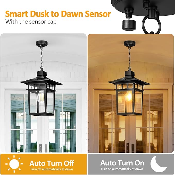 Dusk to Dawn Outdoor Pendant Light,Black Hanging Porch Light,Vintage Outdoor Chandelier,Waterproof Aluminum Exterior Pendant Lighting Fixture with Tempered Glass,Hanging Lights for Front Door Gazebo