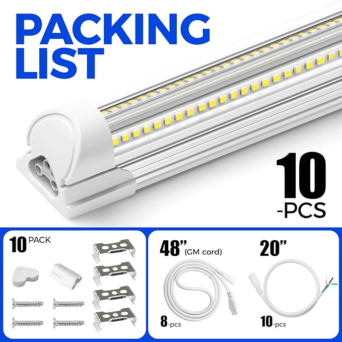 Barrina LED Shop Lights, 8FT 100W 15000LM 6500K, Super Bright White, V Shape, Clear Cover, High Output, Linkable, T8 LED Tube Light, for Garage 8 Foot with Plug (Pack of 10)