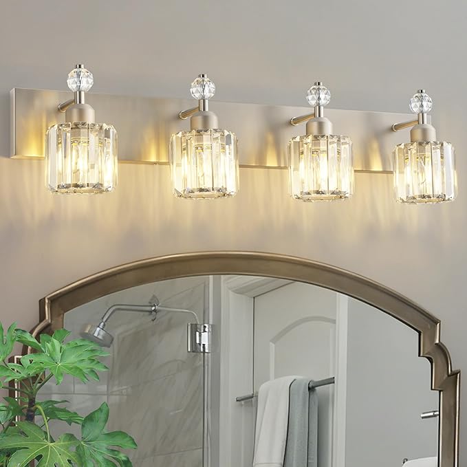 PRESDE 4-Light Brushed Nickel Vanity Light,Crystal Modern Bathroom Light Over Mirror,Wall Lighting Over Mirror Fixture