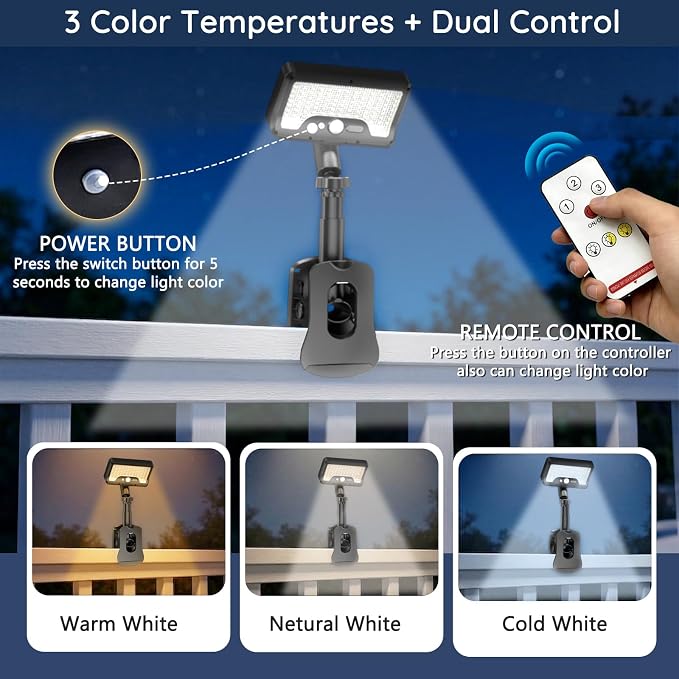 Clip On Solar Lights Outdoor with Motion Sensor, 3 Modes Solar Fence Lights with 3CCT, Adjustable, USB Solar Powered, IP65 Waterproof Motion Sensor Outdoor Lights for Yard Deck Gutter(2 Pack,Black)