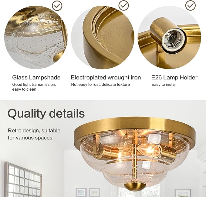 Flush Mount Ceiling Light Fixtures, 2-Light Ceiling Mount for Farmhouse with Seeded Glass Lampshade, Industrial Flush Mount Light Fixture Farmhouse for Hallway, Kitchen, Entryway,Bedroom