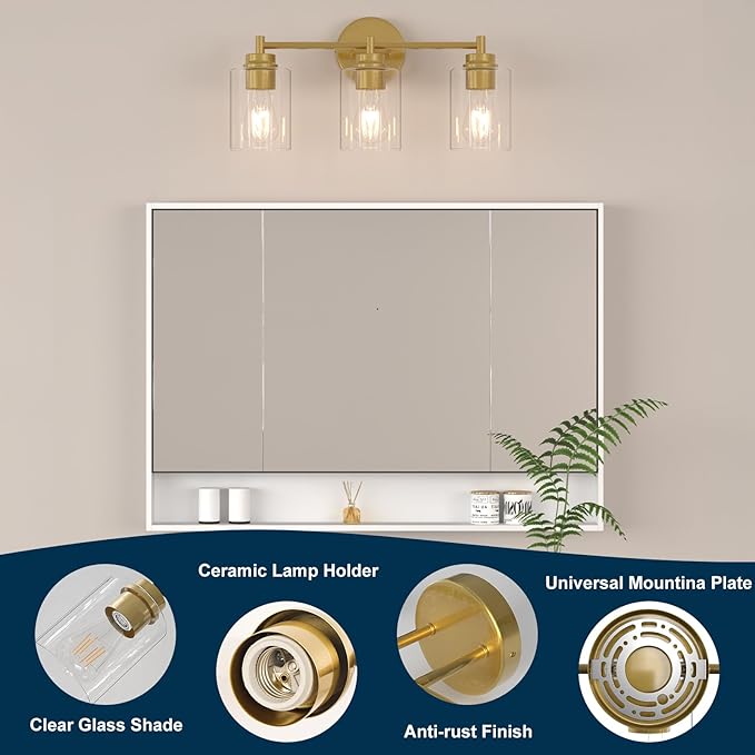 Bathroom Vanity Light Fixtures, 3-Light Brushed Gold Wall Sconce with Clear Glass, Modern Vanity Lights Over Mirror for Bathroom, Kitchen, Living Room, Mirror, E26 Base(Bulbs Not Included)