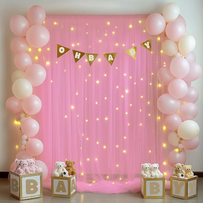 10x10ft Pink Tulle Backdrop Curtain with Lights String Sheer Drapes for Baby Shower for Girls, Bridal Shower, Birthday, Photo Booth, Party, Home Decor (2 Panels, Pink)