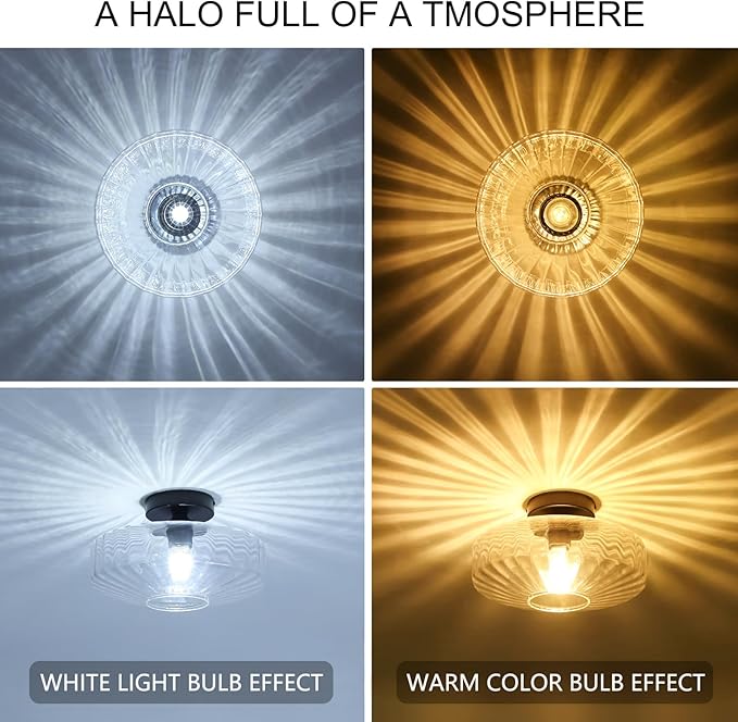 Semi Flush Mount Ceiling Light, 11.8" Vintage Clear Glass Ceiling Lights, 1-Light Mid Century Modern Drum Close to Ceiling Light Fixtures for Bedroom Kitchen Entryway Hallway Porch Foyer
