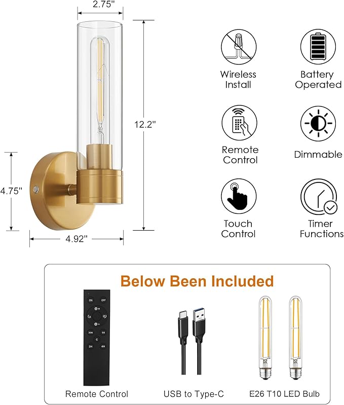 Brushed Gold Wireless Wall Sconce Set of 2, 12000 mAh Battery Operated Wall Lights with Remote Control, Rechargeable Dimmable Wall Lamps for Bedroom Bathroom Living Room Hallway Stairwell, 3000K